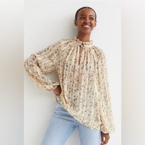H&M Cream and Pink Ruffled Long Sleeve Blouse